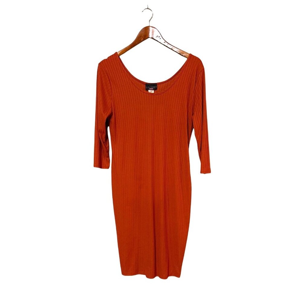 Ribbed Midi Bodycon‎ Dress Rust Orange 3/4 Sleeve Discreet Brand